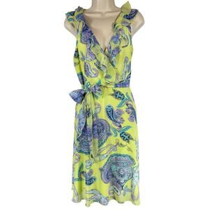 VTG Jonathan Martin Y2k size 6 yellow blue ruffle babydoll wrap dress coquette